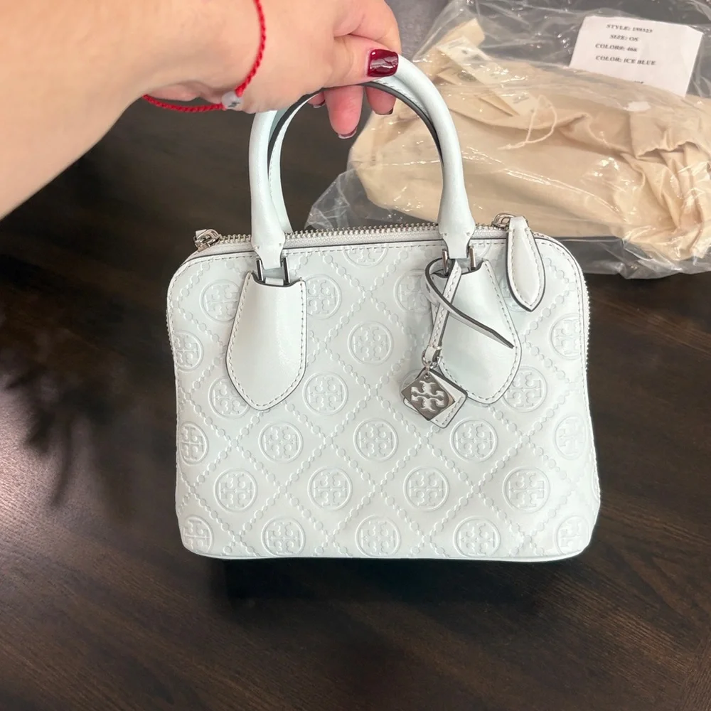Tory Burch Pale Blue Embossed Leather Satchel - Picture 2 of 7